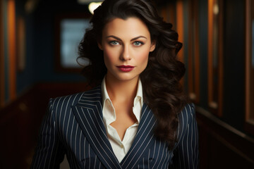 Canvas Print - A confident vintage woman in a sharp pinstripe suit, channeling the power and strength of women in the 1940s. Generative Ai.