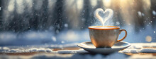Cup Of Hot Coffee On Table On A Winter Snowy Background. International Coffee Day. Panorama With Copy Space.