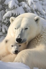 Wall Mural - polar bear with his little one sleeping in the snow
