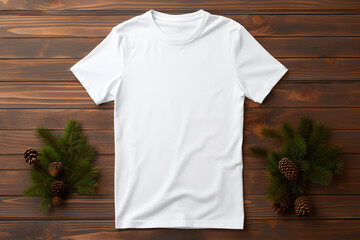 Wall Mural - White womens t-shirt christmas mockup with fir tree branches on wooden background. Design t shirt template, print presentation mock up. Top view flat lay.