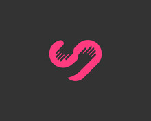 Abstract Heart And Human Hands Flat Logo. Creative Hug Love Care Sign. Vector Illustration.