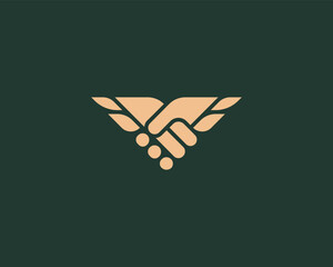 Abstract handshake wings premium logo. Universal deal contract cooperation symbol. Corporate partnership sign. Delivery business cargo icon. Vector illustration.