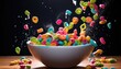 Colorful cereal in motion Freeze  cascading into a white  bowl on wodden table , against dark background 