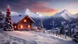 Winter landscape with mountain hut and snowfall. Christmas and New Year background.