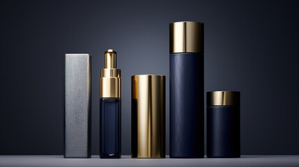 Poster - Gold and blue cosmetic products on a dark background, AI