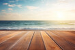 wooden floor with beautiful blue sky and beach scenery for background
