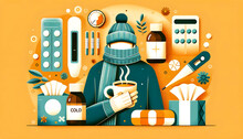 A Person Battling The Flu In Winter With A Warm Cup Of Coffee In A Medical Environment, Vector Illustration, Knolling
