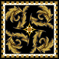 Wall Mural - Baroque embroidered black and white gold color on scarf pattern