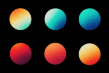 Set of grainy gradient spheres blue orange red yellow vibrant noise textured balls shadows black background