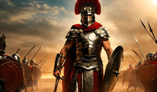 Roman Legionary Commander Warrior Holding Sword And Shield. Spartan Hero Soldier In Golden Armor, Red Cloak And Helmet, Holding Spear And Shield On Burning Battlefield Background. Generative Ai