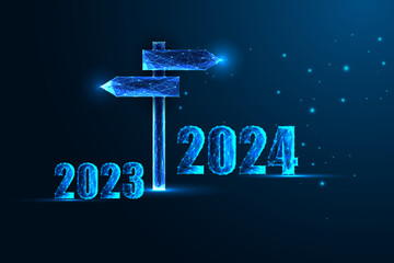 Wall Mural - Abstract 2024 New Year concept, transition fro 2023 to 2024 year with signpost on blue background