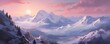 panoramic view of a mountain range covered in snow, with the sun setting and casting pink hues on the peaks