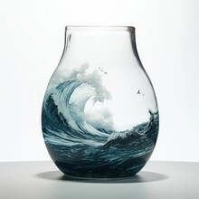 Artistic Vase With Wave Design, Dynamic Ocean Scene, Frothy Crest, Seagull Details, Clear Glass, White Background.

