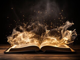 AI-generated illustration of a smoking, flaming open hardcover book on a table. MidJourney.