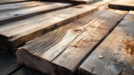 Wall Mural - Close-up of weathered textured wooden planks with natural patterns and warm sunlight