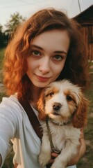 Poster - A young woman with red hair holding a cute dog. Generative AI.