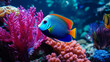 Close-up of a vibrant angelfish swimming among colorful coral reefs, AI Generative.