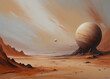 An abstract surrealism art, oil painting artwork, sunrise in the planet. Oil painting brushes. A planet in the space.  Like science fiction movie. Can be used as background or wallpaper.