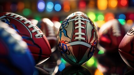 Canvas Print - A group of footballs on a table with colorful lights, AI