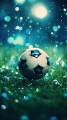 Canvas Print - A soccer ball on the grass with water drops, AI