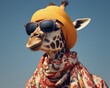 A giraffe wearing a yellow hat and sunglasses. Generative AI.