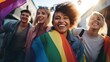 © Space_Background - close up Group of young activist for lgbt rights with rainbow flag, lesbian, rainbow, freedom, diversity, bisexual, gay, celebration, community