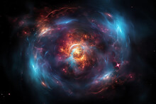 Colorful Spaceship With A Red And Blue Colored Spaceship, In The Style Of Interstellar Nebulae, Chaotic Energy, Spiral Group, Smokey Background, Weirdcore, Realistic Depiction Of Light --ar 128:85