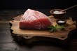 Fresh tuna steak on a rustic wooden chopping board with herbs and sea salt