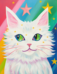 Wall Mural - Starry-Eyed Feline: A Vibrant Portrait of a Pink and White Cat