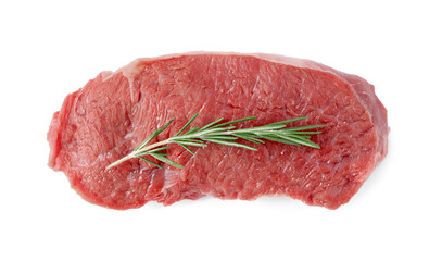 Piece of raw beef meat with rosemary isolated on white, top view