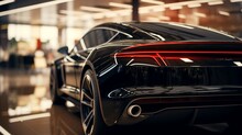 A Realistic Depiction Of A Black Luxury Car's Rear View In A Dealership, Showcasing Its Distinctive Taillights And Dual Exhaust Pipes.