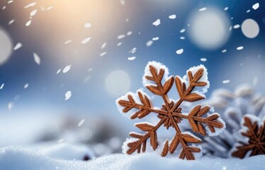 Beautiful decorative snowflakes in the snow against a blue natural background with falling snow and bokeh. Christmas winter background for design