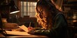 a girl is studying on a desk near a window, in the style of intense and dramatic lighting, generative AI