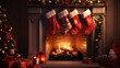 Christmas sock on fireplace mantel. Beautifully decorated living room. Generative AI.