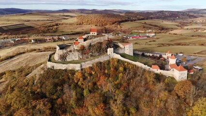 Wall Mural - Aerial drone view of Rupea Citadel in Romania. Autumn season