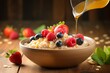 A close-up shot of a hearty bowl of Quaker oats, garnished with fresh fruits and a drizzle of honey, sitting on a rustic wooden table bathed in the morning sunlight