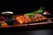 A succulent serving of Unagi, Japanese eel delicacy, beautifully presented on a wooden sushi board, garnished with herbs and served with a side of wasabi and pickled ginger