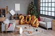 © Pixel-Shot - Interior of messy living room after New Year party with figure 2024