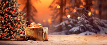 Gift Box With Gold Bow On The Snow Near The Christmas Tree On The Warm Color Forest Background With Copy Space. Generative Ai
