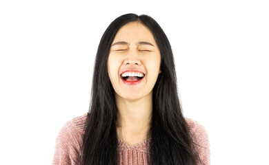 portrait of a beautiful young asian thai model woman smiling with clean teeth. used for a dental ad. isolated on white background.