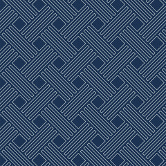 Wall Mural - Abstract geometric seamless pattern with white lines and square shapes on dark blue backgrounds. Diagonal graphic design for textile and fabric print. Vector Illustration.