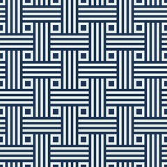 Wall Mural - Abstract geometric seamless pattern with white lines and square shapes on dark blue backgrounds. Graphic design for textile and fabric print. Vector Illustration.