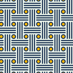 Wall Mural - Abstract geometric seamless pattern with lines and circle shapes in dark blue and yellow on white backgrounds. Graphic design for textile and fabric print. Vector Illustration.