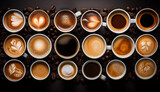 Dozen coffee cups with beverages in them, latte art, macchiato, espresso, wooden background, morning concept