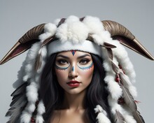 Portrait Of A Beautiful Brunette Woman Wearing Indian Headdress