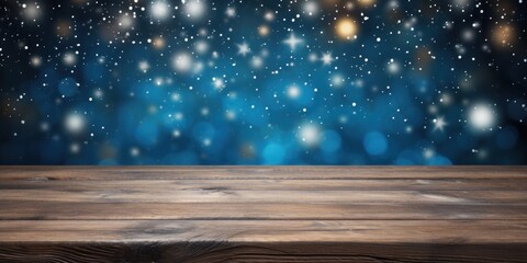 Wall Mural - Empty old wooden table over magic dark blue glitter Christmas background