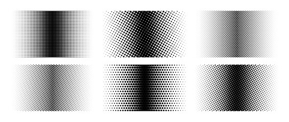 Wall Mural - Different halftone gradient backgrounds set. Cartoon dots texture wallpaper collection. Black white comic design cover pack for banner, poster, print. Pop art dotted vector illustration bundle