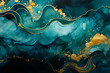 Blue, gold Christmas waves background. Flowing wavy special effect teal and malachite abstract waves fantasy backdrop. Magic family Holiday modern art, happy fairytale green waves for copy space