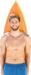Digital png photo of happy caucasian surfer with surfboard on transparent background