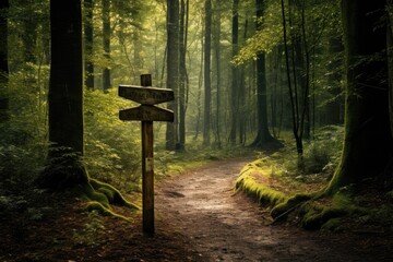 Sticker - Wooden signpost in the forest. Concept of hiking and trekking, Showing a path splitting into two going into the woods with a blank signpost, AI Generated